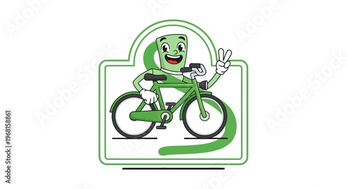 A green cartoon character on a green bicycle inside a framed design with peace sign