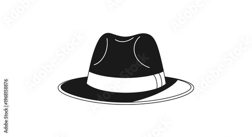 Black and white fedora illustration, featuring a band and a distinct top crease