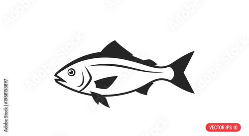 Fish Side View Black White Illustration.