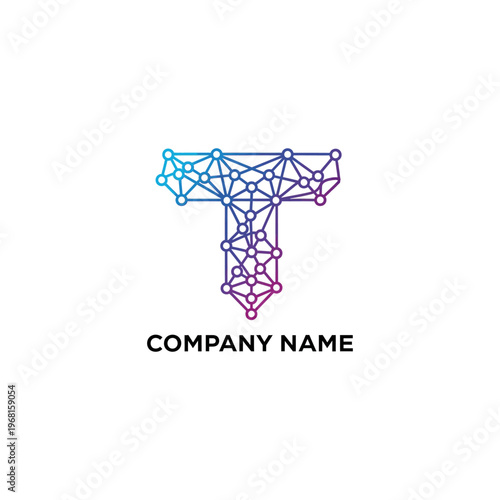 Abstract Letter T Logo Design with Connected Dots and Lines Representing Technology and Network.