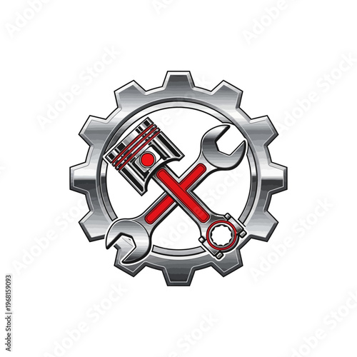 Automotive Repair and Maintenance Gear with Piston and Wrench.