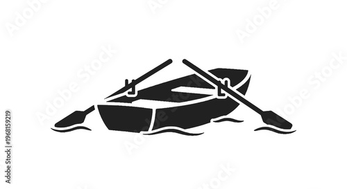 A monochrome illustration of a boat with oars, floating on stylized water