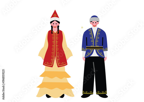 カザフスタンの伝統的な民族衣装を着た男女のイラスト