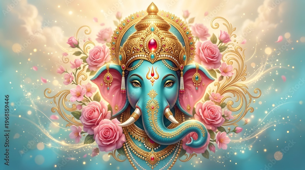 Fototapeta premium Colorful artistic depiction of Ganesha with floral elements and ornate details