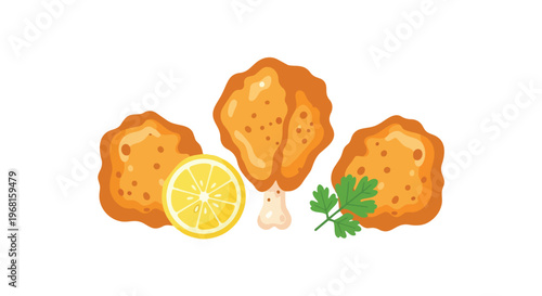 Crispy fried chicken with lemon and parsley for menu design a delightful and appetizing culinary illustration perfect for restaurant promotions and