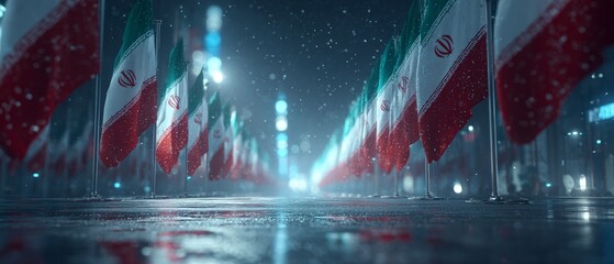 Composition of small flags: a study in iranian symbolism. Drama poster. Subtle persian elegance: repositioned iranian flags with slight color shifts. Poster illustration. Promotional poster.