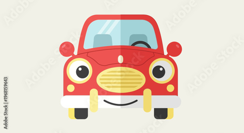 A smiling, cartoonish red car with oversized eyes and a yellow front grill, front view