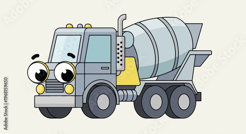 Cartoon cement mixer truck with big eyes, designed with a friendly, simplistic style