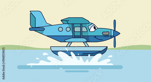 Cartoon seaplane on water, with a smiling face. Background includes light green land and beige sky