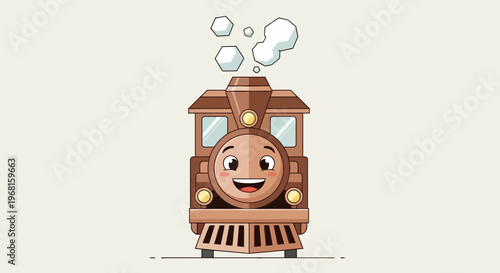 Cartoon steam train with a smiling face and puffs of smoke