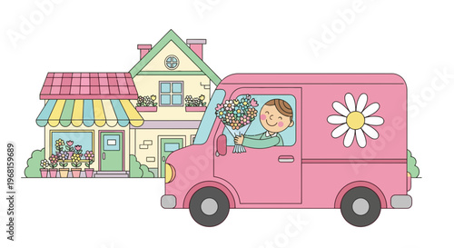 Cartoon of flower shop with delivery truck and smiling driver holding bouquet