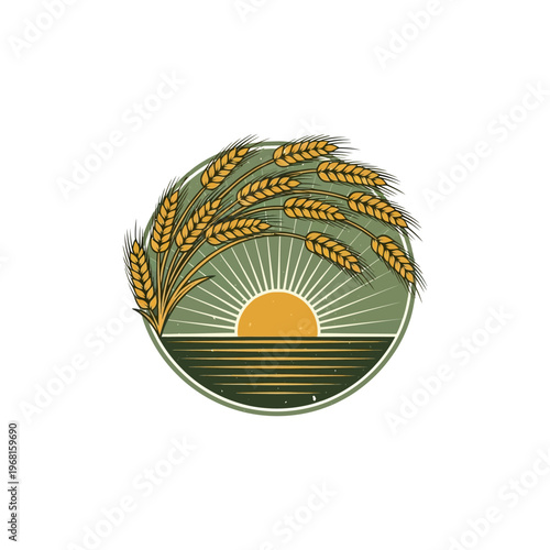 Circular Emblem with Wheat Stalks and Sunrise over Water.