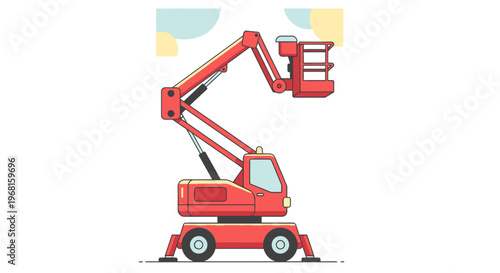 Red lift platform illustration with a rising arm and cage, flat design