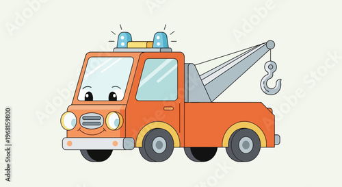 Cartoon tow truck with a smiling face, lights, and a hook, against a light green background