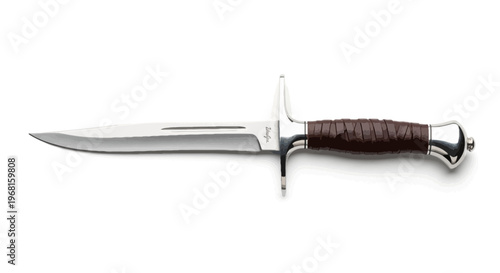 A gleaming knife with a sharp blade, leather handle, and crossguard against a white background