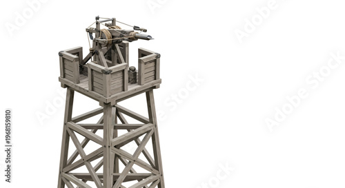 Medieval siege weapon atop a wooden tower structure, isolated on white background