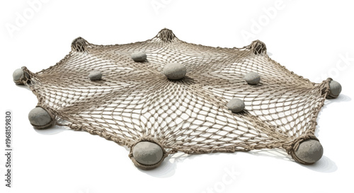 A fish net is resting on a white surface, with multiple spheres distributed over the net