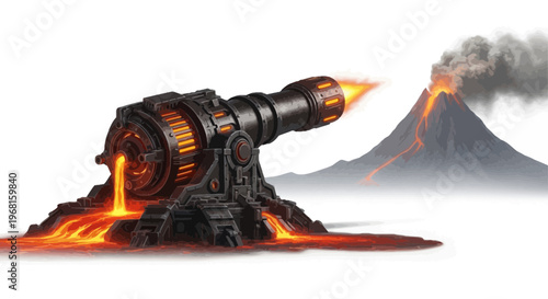 A mechanical cannon fires lava towards a volcano, spewing smoke