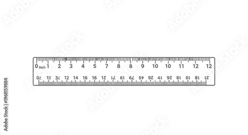 An isolated graphic of a gray ruler with inch and fractions on a white background