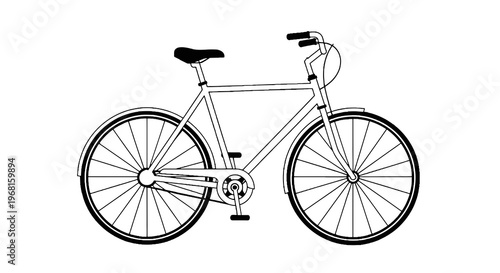 A black and white line drawing of a bicycle, showing details of the frame, wheels, and handlebars