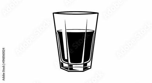 A geometric glass filled with a dark liquid, in a simple black and white outline style