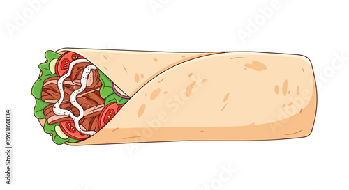 A vibrantly illustrated grilled meat and fresh vegetable wrap, elegantly presented with savory sauce for a delightful meal. This delicious fast food