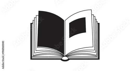 An open book, black and white illustration, pages fanned out with a square, dark element