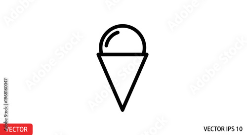 Simple black outline ice cream cone with scoop on white background, vector style