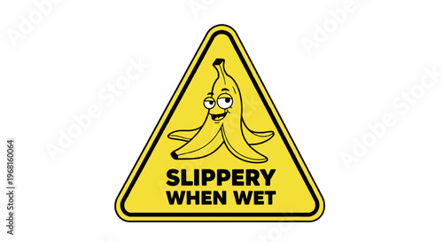 A cartoon banana peel sits within a yellow triangular sign. The text warns "Slippery When Wet