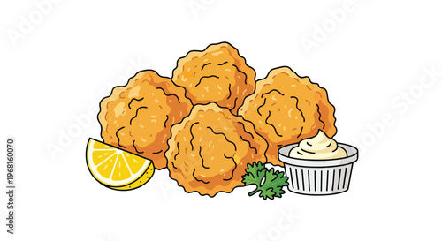 An inviting illustration of golden fried food with a zesty lemon wedge and creamy dipping sauce