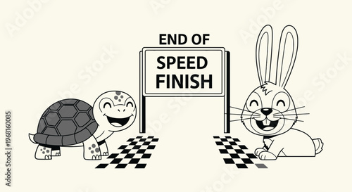Cartoon illustration of a tortoise and rabbit near a race finish line