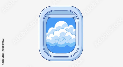An airplane window graphic displays a blue sky with fluffy white clouds, isolated on white