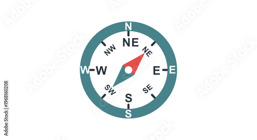 A stylized compass showing cardinal directions, with a red-tipped needle