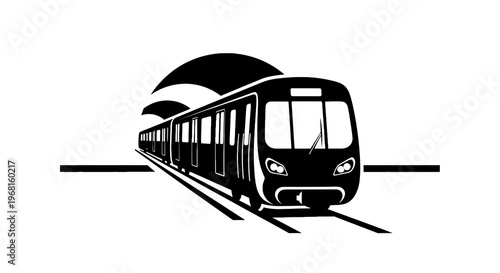 A black and white vector illustration of a modern train emerging from a tunnel