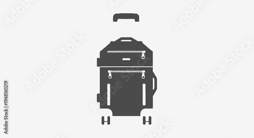 Silhouette of a rolling suitcase, grey on white background, with zippers and retractable handle