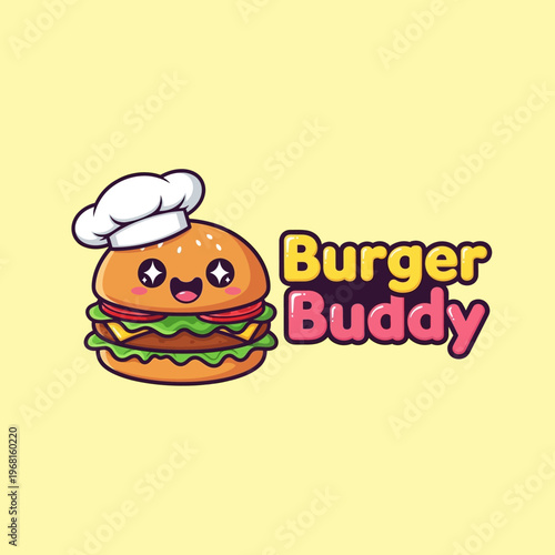 Cute Cartoon Burger Character Wearing a Chef Hat with Burger Buddy Text.