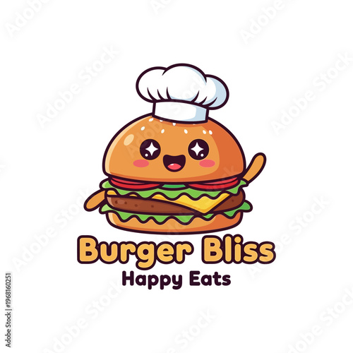 Cute Cartoon Burger Character Wearing Chef Hat Logo Design.