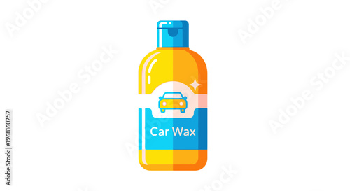 A colorful, cartoonish car wax bottle, featuring a car icon