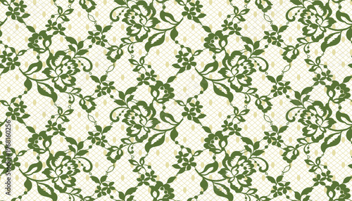 A seamless lace pattern with hollow floral motifs in two shades of yellow-green.