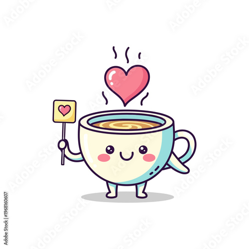 Cute Kawaii Coffee Cup Character with Heart and Sign.