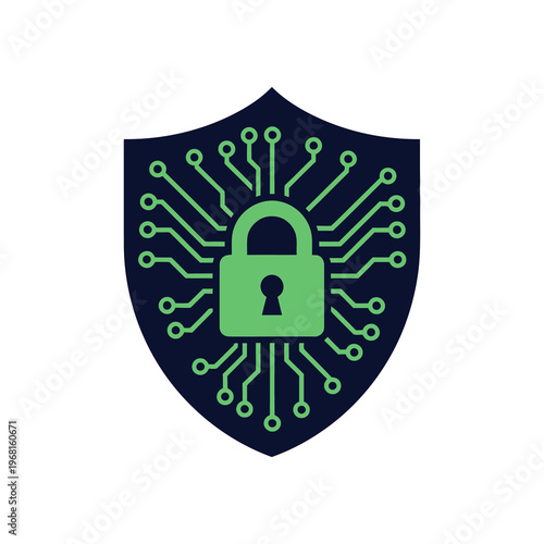 Digital Security Shield with Padlock and Circuitry.