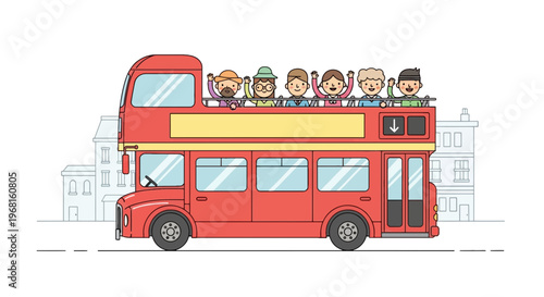 Cartoon illustration of a red double-decker bus with waving passengers