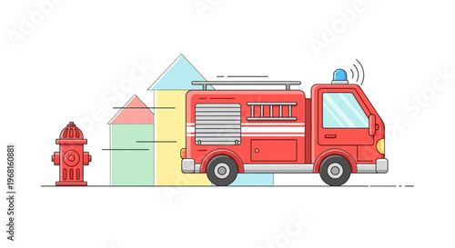 A stylized fire truck with a siren drives past colorful houses and a fire hydrant