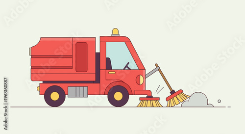 A red street sweeper truck with brushes sweeping dust. Vector style illustration