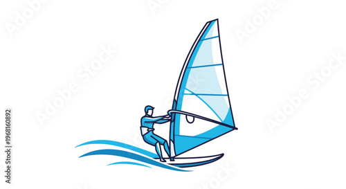 A windsurfer, stylized with blue hues, navigates waves against a white background