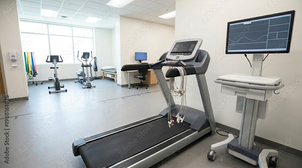 Fototapeta premium Cardiac Rehab Exercise Suite with Treadmill ECG Wires and Monitoring System in Bright Clinical Light No Face No Logo No Text
