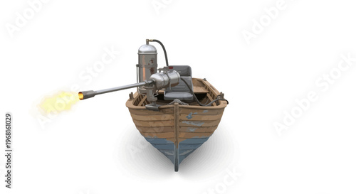 A wooden boat with a mounted device spewing flames, centered on a white backdrop