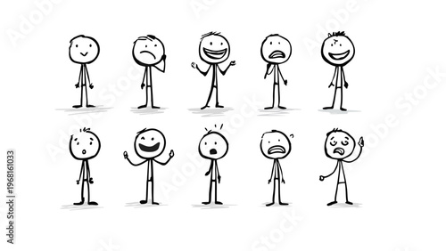 A set of hand-drawn stick figures expressing various emotions on a white background
