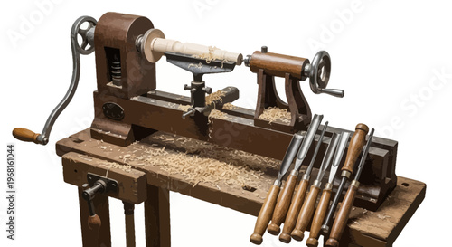 A wood lathe with chisel tools and wood shavings scattered on a workbench
