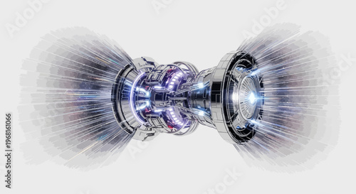 A futuristic, cylindrical device with glowing lights and energy emissions on a white background
